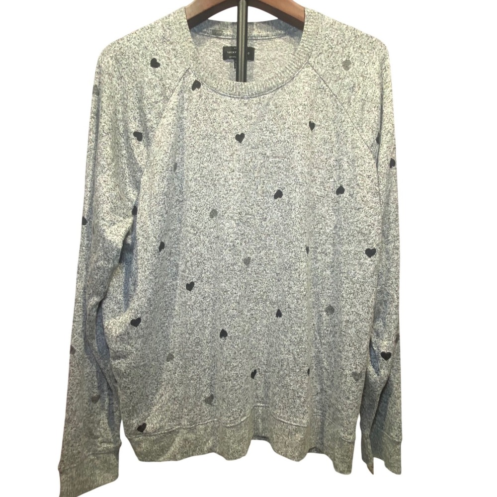 Lucky Brand‎ Heart Print Sweatshirt Heather Gray XL Crew Neck Pullover Cozy Soft
